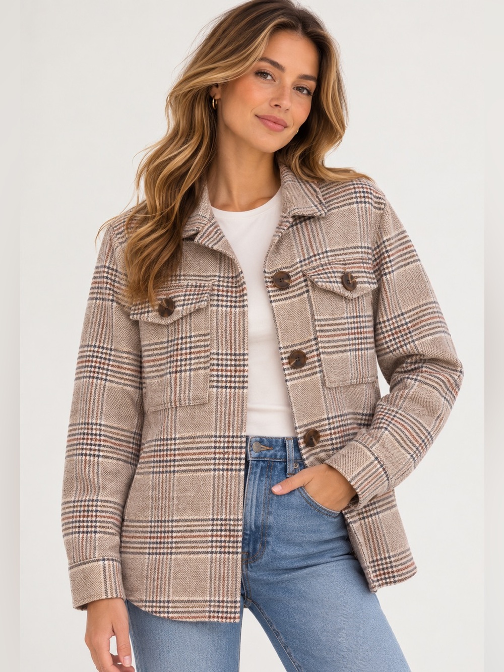 Ookie & Lala Women's Button Front Collared Tan Plaid Shacket Sz Medium